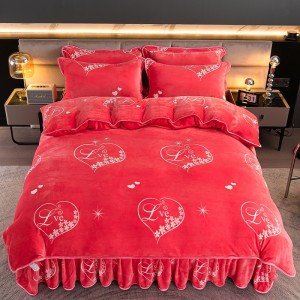 High-Gram Milk Fleece Mink Fleece Floral Printed Bed Skirt Four-Piece Bedding Set