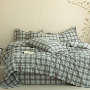 Green Plaid Printing Quilt Cover Flat Sheet Crinkled Linen Button-Down Four-Piece Bedding Set