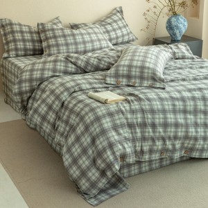 Green Plaid Printing Quilt Cover Flat Sheet Crinkled Linen Button-Down Four-Piece Bedding Set