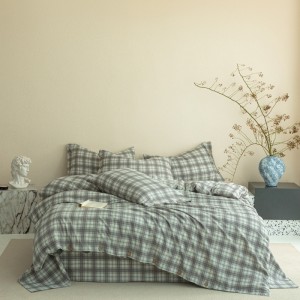 Green Plaid Printing Quilt Cover Flat Sheet Crinkled Linen Button-Down Four-Piece Bedding Set