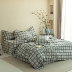 Green Plaid Printing Quilt Cover Flat Sheet Crinkled Linen Button-Down Four-Piece Bedding Set