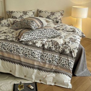 Linen button duvet cover super soft flat bed sheet floral plant printing four-piece bedding set