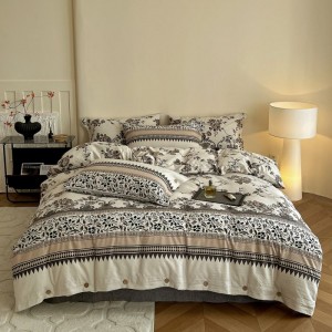 Linen button duvet cover super soft flat bed sheet floral plant printing four-piece bedding set