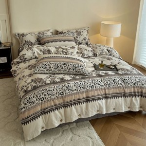 Linen button duvet cover super soft flat bed sheet floral plant printing four-piece bedding set
