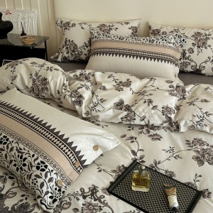 Linen button duvet cover super soft flat bed sheet floral plant printing four-piece bedding set