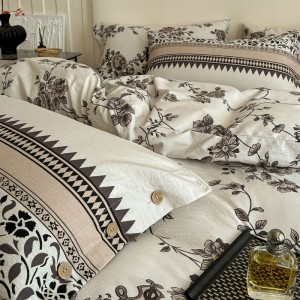 Linen button duvet cover super soft flat bed sheet floral plant printing four-piece bedding set