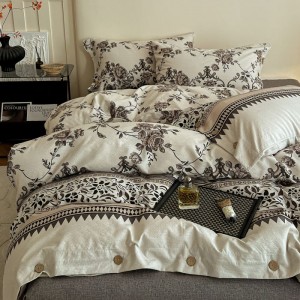 Linen button duvet cover super soft flat bed sheet floral plant printing four-piece bedding set