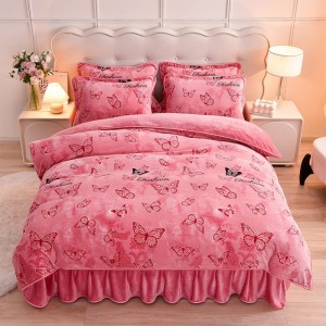 Milk Fleece Flannel Bed Skirt Set Warm Four-Piece Set