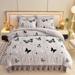Milk Fleece Four-Piece Bed Skirt Set with Gold Carved Fleece and Flannel