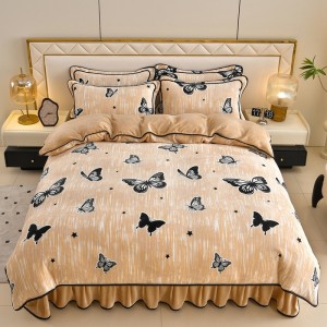 Milk Fleece Four-Piece Bed Skirt Set with Gold Carved Fleece and Flannel