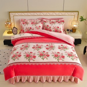 Milk Fleece Four-Piece Bed Skirt Set with Gold Carved Fleece and Flannel