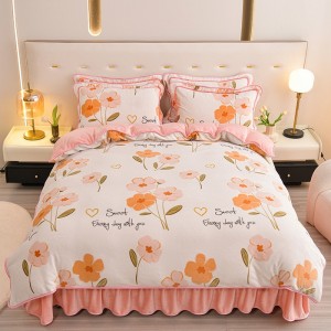 Milk Fleece Four-Piece Bed Skirt Set with Gold Carved Fleece and Flannel