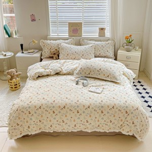 Cotton wrinkled double-layer yarn lace French print four-piece set