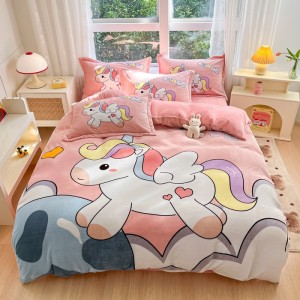Exquisite thickened high-weight large-size cartoon-print milk velvet four-piece set