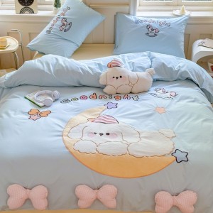 Blue puppy children’s cartoon pure cotton washed cotton patch embroidered four-piece set