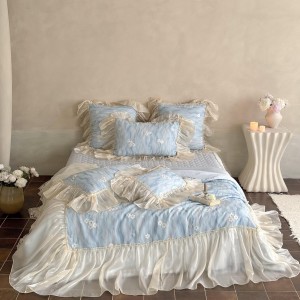 80S lyocell satin home hotel textile blue lace comforter cover with 2 high-end pillowcases coverlets bedding set manufacture