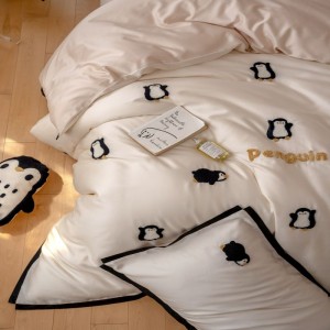 High Quality 60S Lyocell Home Textile Black Embroidery White Duvet Quilt Comforter Cover Soft Bed Sheet Bedding Set