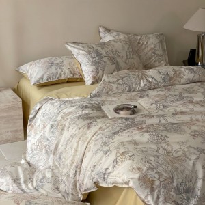 50S Cotton Floral Digital Printing 4PCS Bed Set Queen King Duvet Cover Bed Sheets Yellow Bedding Set