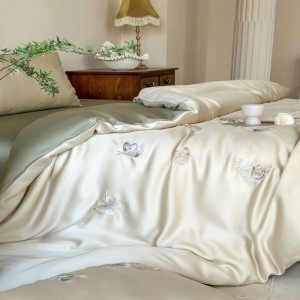60S Lyocell Embroidery Quilt Cover Green Bed Sheets Light Luxury 4 Piece Bedding Set