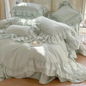4-pieces quilt cover with 2 premium green pillow shams cotton flat fitted sheet high quality pillowslip single lace bedding set