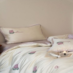 60-count lyocell floral plant embroidery comfortable breathable bed sheet bed linen four-piece white purple bedding set