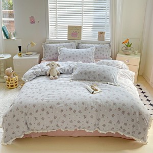 Cotton wrinkled double-layer yarn lace French print four-piece set