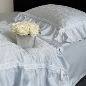 Light blue lace edge jacquard quilt duvet cover 100s cotton home textile bed sheets bedding set