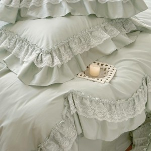 4-pieces quilt cover with 2 premium green pillow shams cotton flat fitted sheet high quality pillowslip single lace bedding set