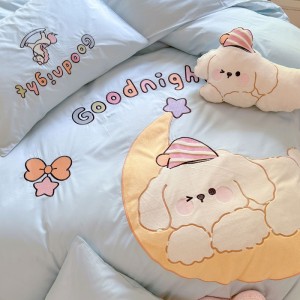 Blue puppy children’s cartoon pure cotton washed cotton patch embroidered four-piece set