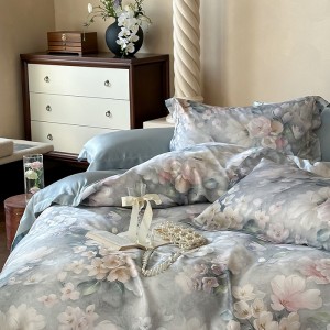 Luxury 60S Lyocell Digital Printed Wide Edge Duvet Comforter Quilt Cover King Size Bed Sheets Blue Pant Floral Bedding Set