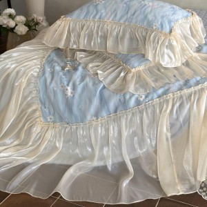 80S lyocell satin home hotel textile blue lace comforter cover with 2 high-end pillowcases coverlets bedding set manufacture