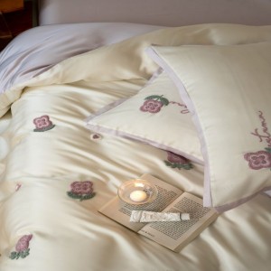 60-count lyocell floral plant embroidery comfortable breathable bed sheet bed linen four-piece white purple bedding set