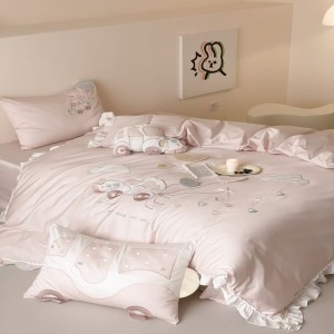 500tc satin cotton 3/4pcs quilt cover set silky bed sheets pink embroidery bedding set
