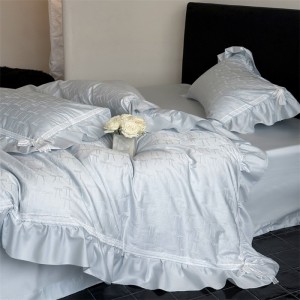 Light blue lace edge jacquard quilt duvet cover 100s cotton home textile bed sheets bedding set