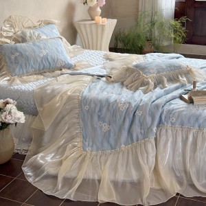 80S lyocell satin home hotel textile blue lace comforter cover with 2 high-end pillowcases coverlets bedding set manufacture
