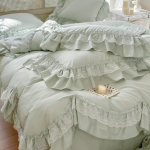 4-pieces quilt cover with 2 premium green pillow shams cotton flat fitted sheet high quality pillowslip single lace bedding set