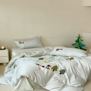 300TC Lyocell Plant Floral Embroidery Duvet Cover Blue Bed Sheet Printing Bedding Set