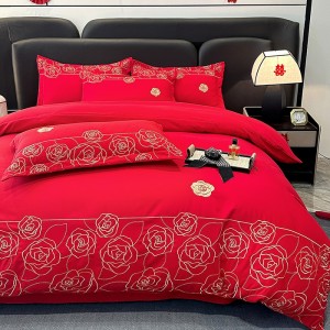 New festive red wedding embroidery cotton wedding four-piece suit
