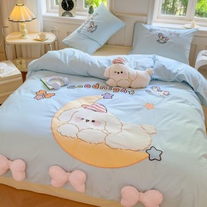 Blue puppy children’s cartoon pure cotton washed cotton patch embroidered four-piece set