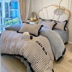 Milk velvet stripes ins style Korean black lace princess style four-piece suit
