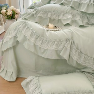 4-pieces quilt cover with 2 premium green pillow shams cotton flat fitted sheet high quality pillowslip single lace bedding set