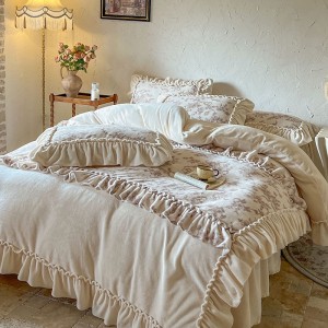 French Style Milk Velvet Digital Printing Duvet Cover Warm Bed Skirt 4PCS Bedding Set For Winter
