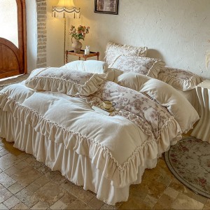 French Style Milk Velvet Digital Printing Duvet Cover Warm Bed Skirt 4PCS Bedding Set For Winter