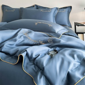 Hot-selling blue 4-pieces textile solid color 2m/2.2m bedsheet flat sheets 1.8m quilt cover premium cotton bedding set manufacture
