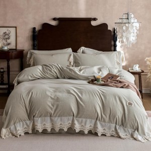 Custom 100% Natural Pure Linen Cotton Duvet Cover Soft Bed Sheets Lace Edge Quilt Cover Vintage Washed 4PCS Bedding Set