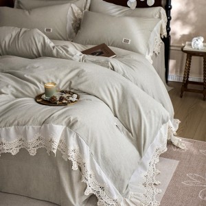 Custom 100% Natural Pure Linen Cotton Duvet Cover Soft Bed Sheets Lace Edge Quilt Cover Vintage Washed 4PCS Bedding Set