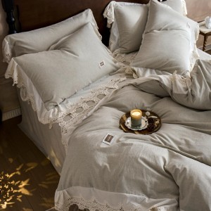 Custom 100% Natural Pure Linen Cotton Duvet Cover Soft Bed Sheets Lace Edge Quilt Cover Vintage Washed 4PCS Bedding Set