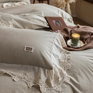 Custom 100% Natural Pure Linen Cotton Duvet Cover Soft Bed Sheets Lace Edge Quilt Cover Vintage Washed 4PCS Bedding Set
