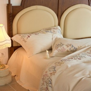 Custom 4PCS 20% Linen 80% Cotton Plant Floral Embroidery Duvet Cover Set Flat Sheet Pillowcases Super Soft Washed Home Textile Bed Sheets Bedding Set