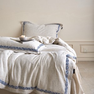 Grade a Home Textile Cotton Linen Yarn-Dyed Jacquard Duvet Cover Skin-Friendly Bed Sheets 4PCS French Linen Bedding Set for Homestay Home Wholesale